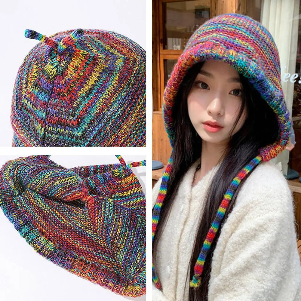 New Thick Knit Hat – Stylish Cozy Women's Winter Beanie, Rainbow Lace-Up, Windproof & Foldable