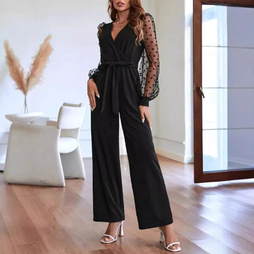 Sheer Sleeve Black Straight Jumpsuits