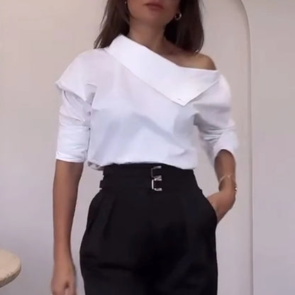 2025 Fashion Office Ladies One-Shoulder Blouse | Slim Fit Long Sleeve White Shirt with Metal Button