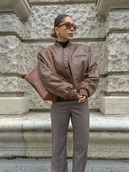 Elegant Brown Zipper Short Leather Bomber Jacket