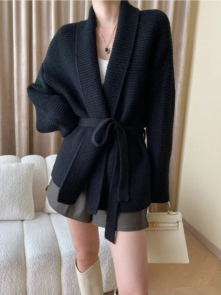 2025 Oversized Gray Knit Cardigan for Women Waist-Tie Design, Loose-Fit, Warm Autumn Fashion