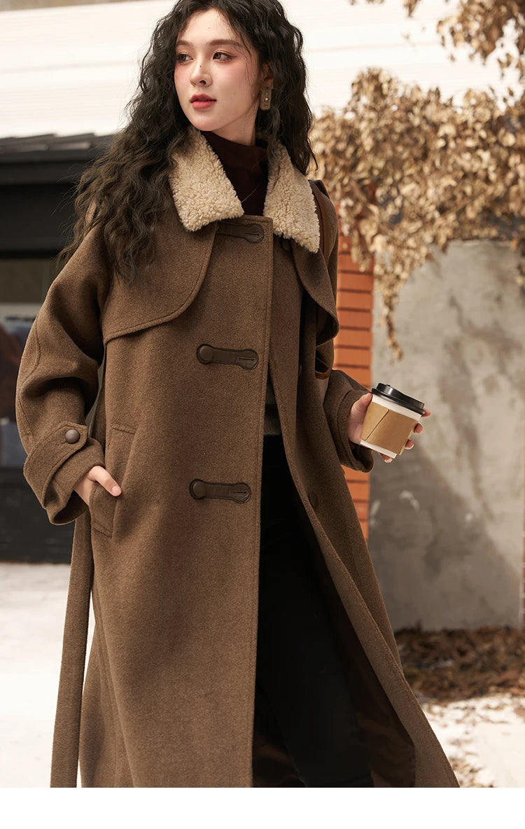 Women's Woolen Long Coat Thick Warm Overcoat with Lamb Fur Collar Loose Winter Fashion