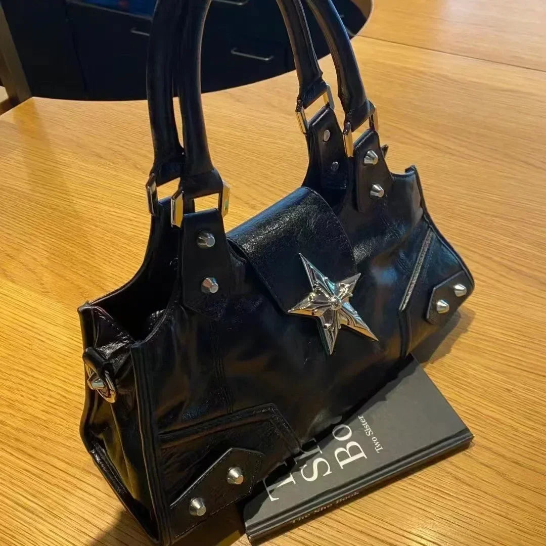 Y2K Korean Gothic Star Black Bag - Aesthetic Vintage Fairy Grunge Punk Shoulder Tote for Women