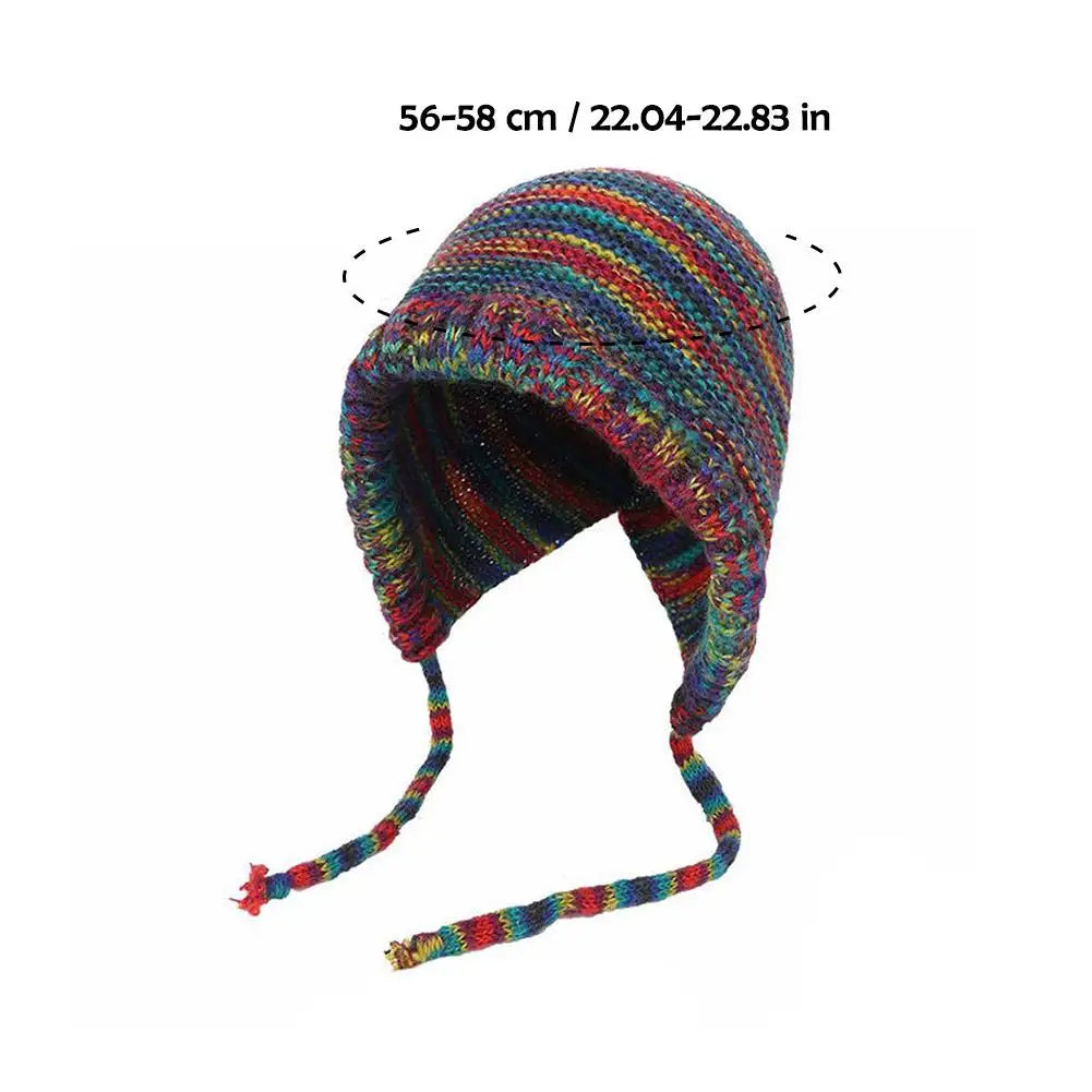 New Thick Knit Hat – Stylish Cozy Women's Winter Beanie, Rainbow Lace-Up, Windproof & Foldable