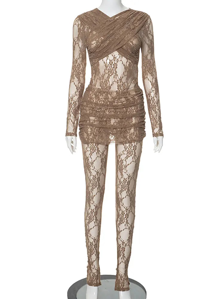 Lace Jumpsuit Set for Women Long Sleeve See-Through Romper with Skirt Sexy Party Club Outfit