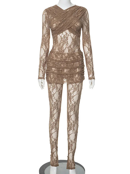 Lace Jumpsuit Set for Women Long Sleeve See-Through Romper with Skirt Sexy Party Club Outfit