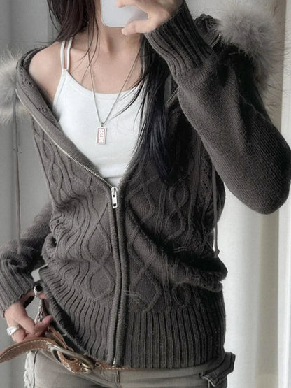 2025 Retro-Inspired Oversized Cable Knit Cardigan for Women Hooded, Plush Trim, Harajuku Streetwear Style