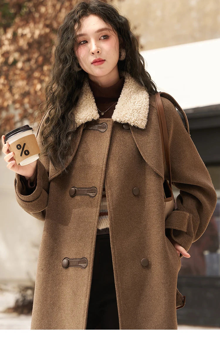 Women's Woolen Long Coat Thick Warm Overcoat with Lamb Fur Collar Loose Winter Fashion