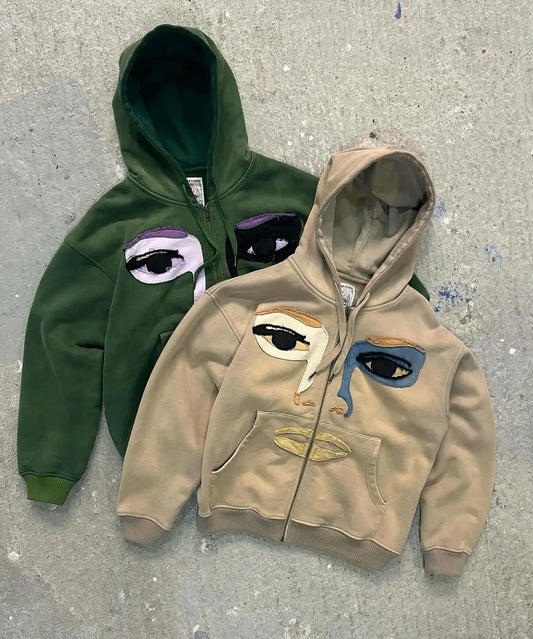 Absurd Eye Pattern Style Casual Zipper Hoodies