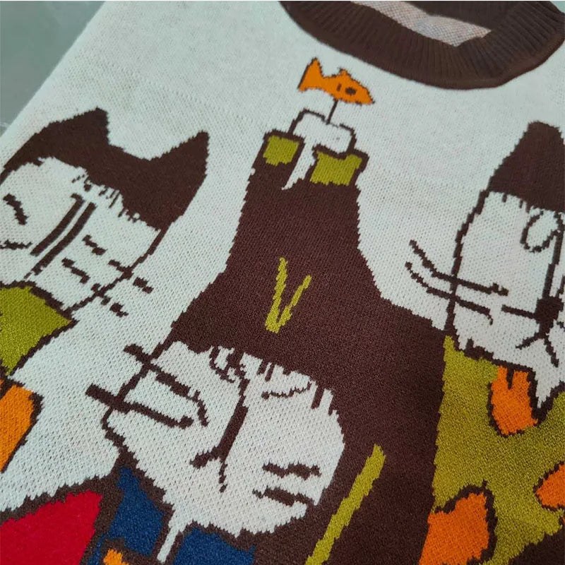 Gentleman Cats and Fish Themed Retro Knitted Hoodies