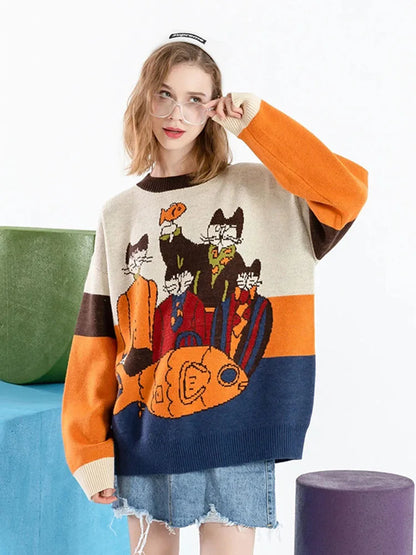 Gentleman Cats and Fish Themed Retro Knitted Hoodies