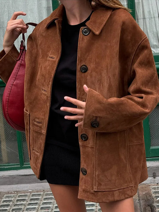 Brown Single Breasted Lapel Loose Jacket For Woman