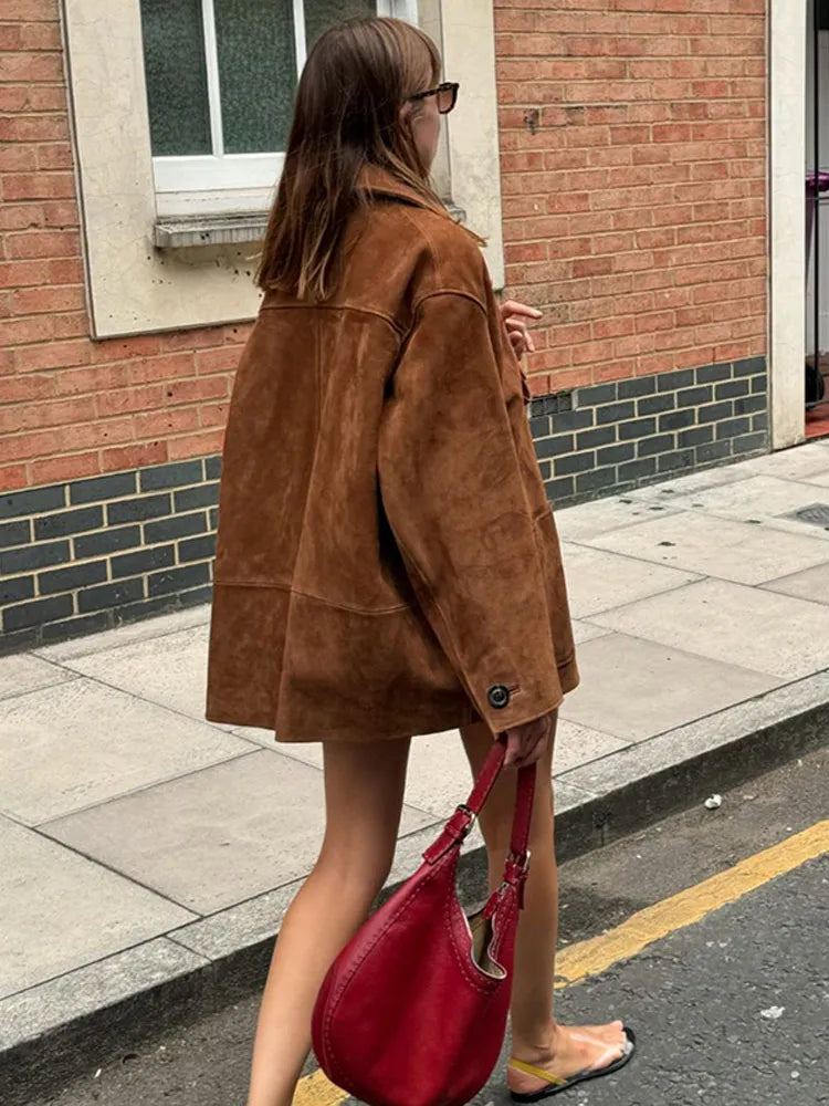 Brown Single Breasted Lapel Loose Jacket For Woman