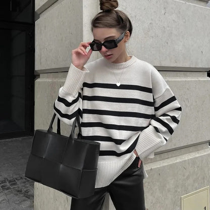 Oversized Black Striped Women Sweaters