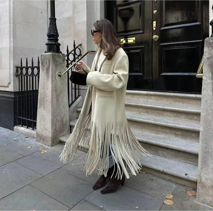 Women's Medium-Length Fringed Wool Trench Coat