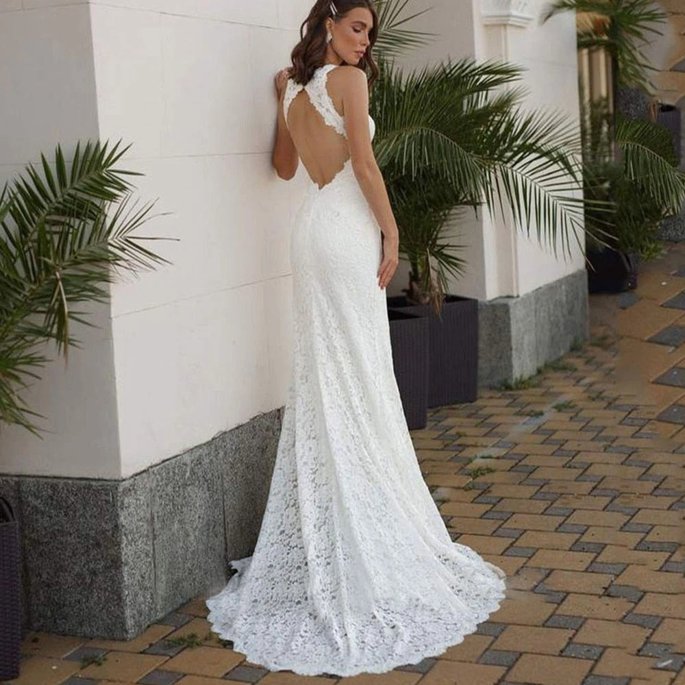 Sexy Front Slit Backless Lace Applique Halter Mermaid Wedding Dresses