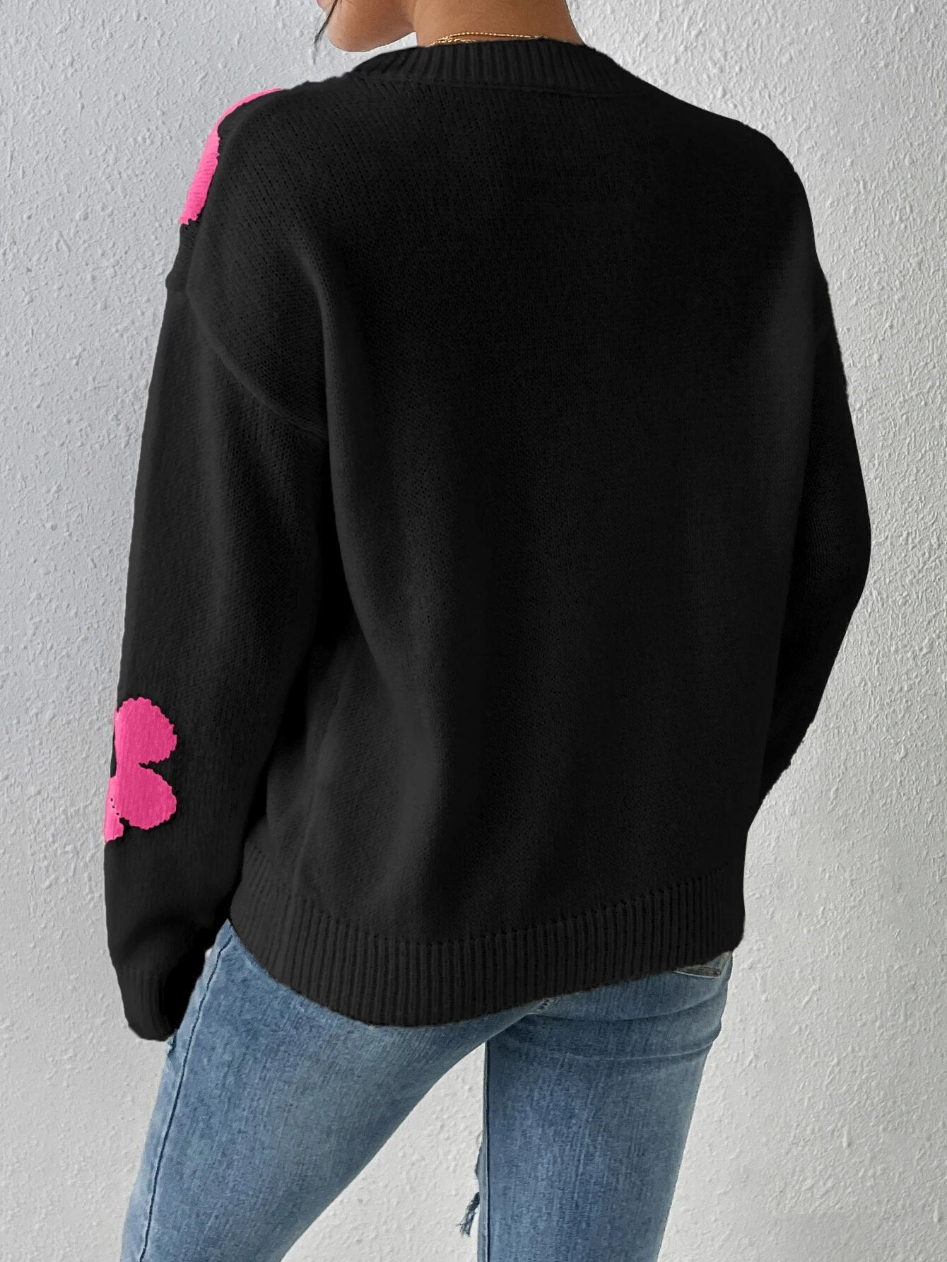 Multi Color Big Flower Black O-Neck Sweater