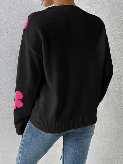 Multi Color Big Flower Black O-Neck Sweater