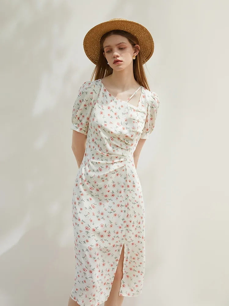 Irregular Collar Floral Themed Retro Midi Dress