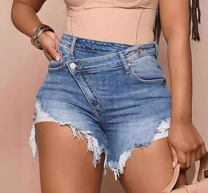 Fashionable Ripped Tassel Blue Denim Shorts