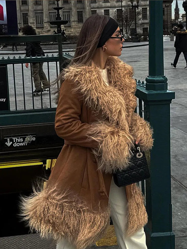 Furry Lapel Thick Warm Single Breasted Coat For Women