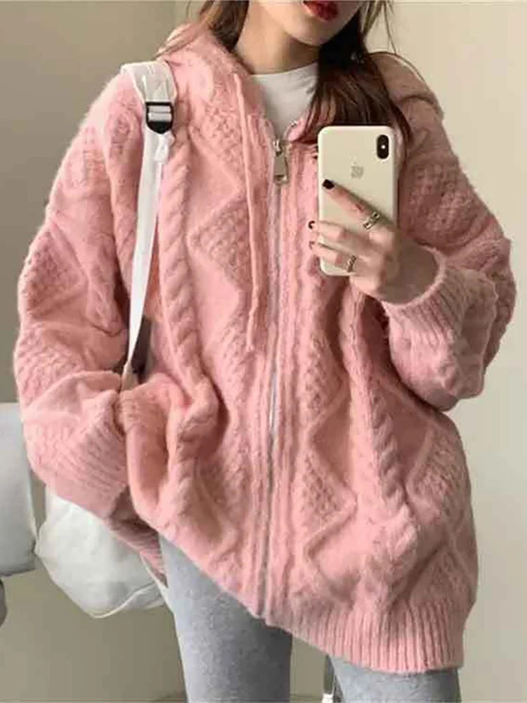 Korean Fashion Loose Zipper Hooded Thick Knit Cardigan For Women