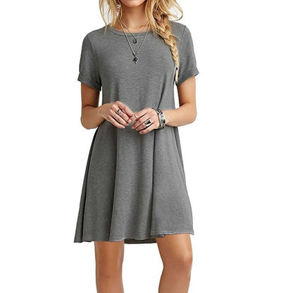 Summer Short Sleeve Mini Dress: Solid Color Casual A-Line Style