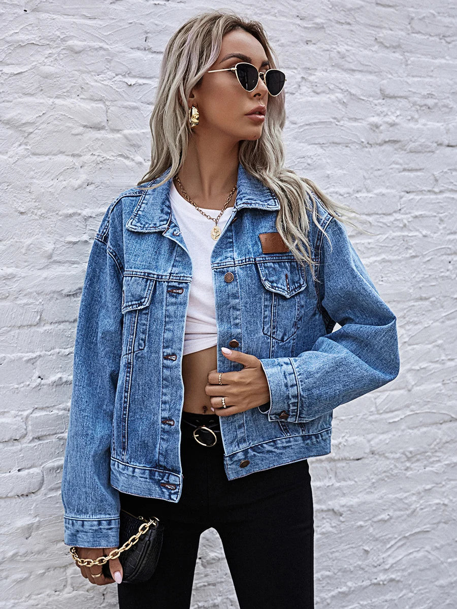 Single Breasted Turn-Down Collar Loose Denim Jacket