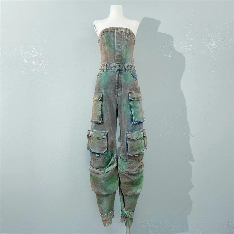 Retro Washed Denim Jumpsuit with Multi-Pocket Tooling Design for Women