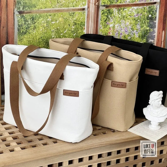 Japanese Style Big Outside Pocket New Canvas Bags