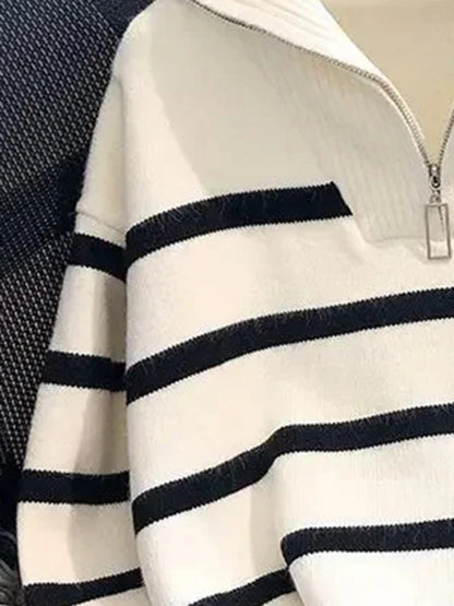 Cool Striped Design Half Zipper Collar Casual Sweater