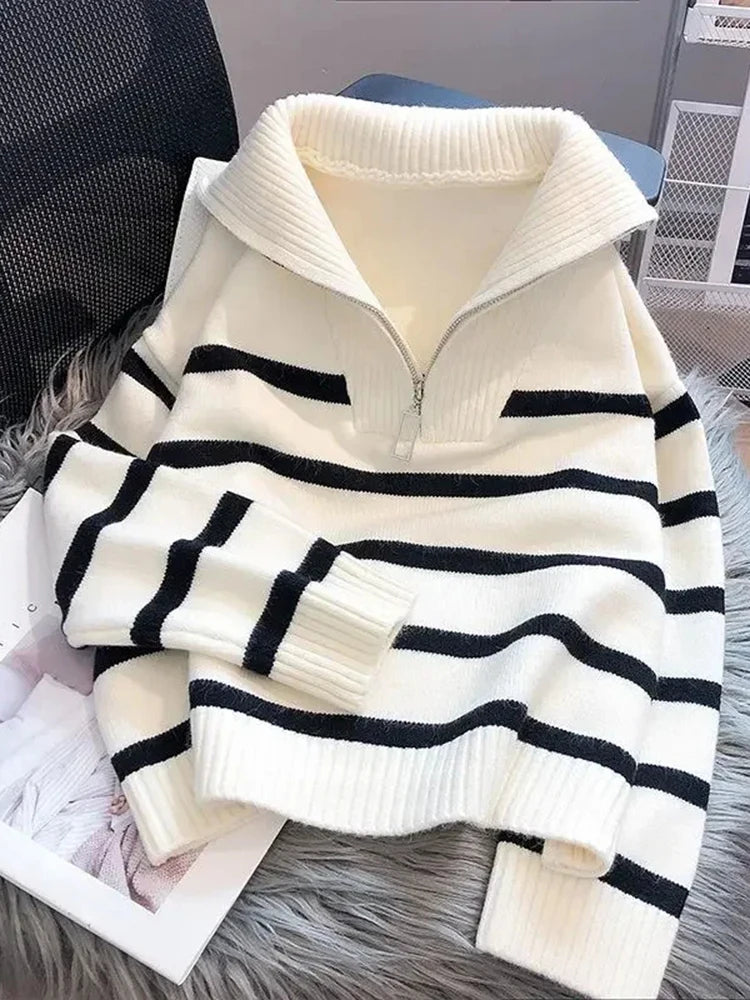 Casual Black Striped Sweaters