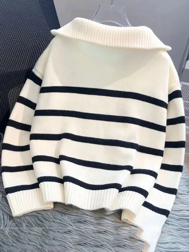 Cool Striped Design Half Zipper Collar Casual Sweater