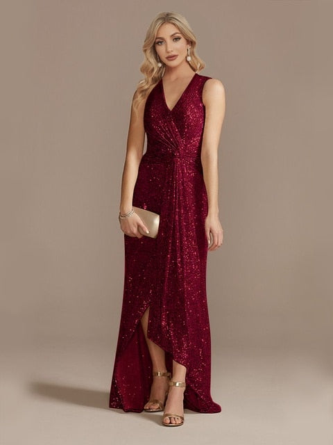 Women Luxury Floor Length V-Neck Slit Evening Dress