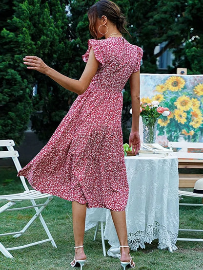 Vintage Flora Summer O Neck Midi Dress