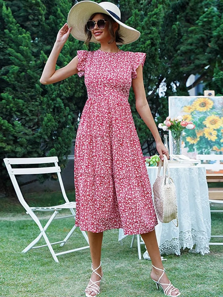 Vintage Flora: Summer O Neck Midi Dress