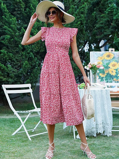 Vintage Flora Summer O Neck Midi Dress