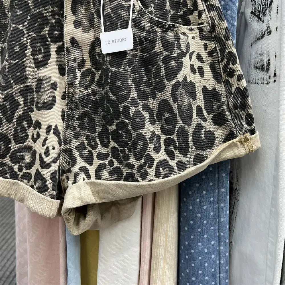 Sexy Design Asymmetric Style Leopard Print Denim Shorts