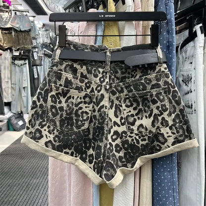 Sexy Design Asymmetric Style Leopard Print Denim Shorts