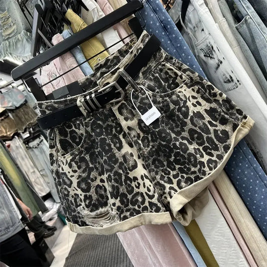 Sexy Design Asymmetric Style Leopard Print Denim Shorts