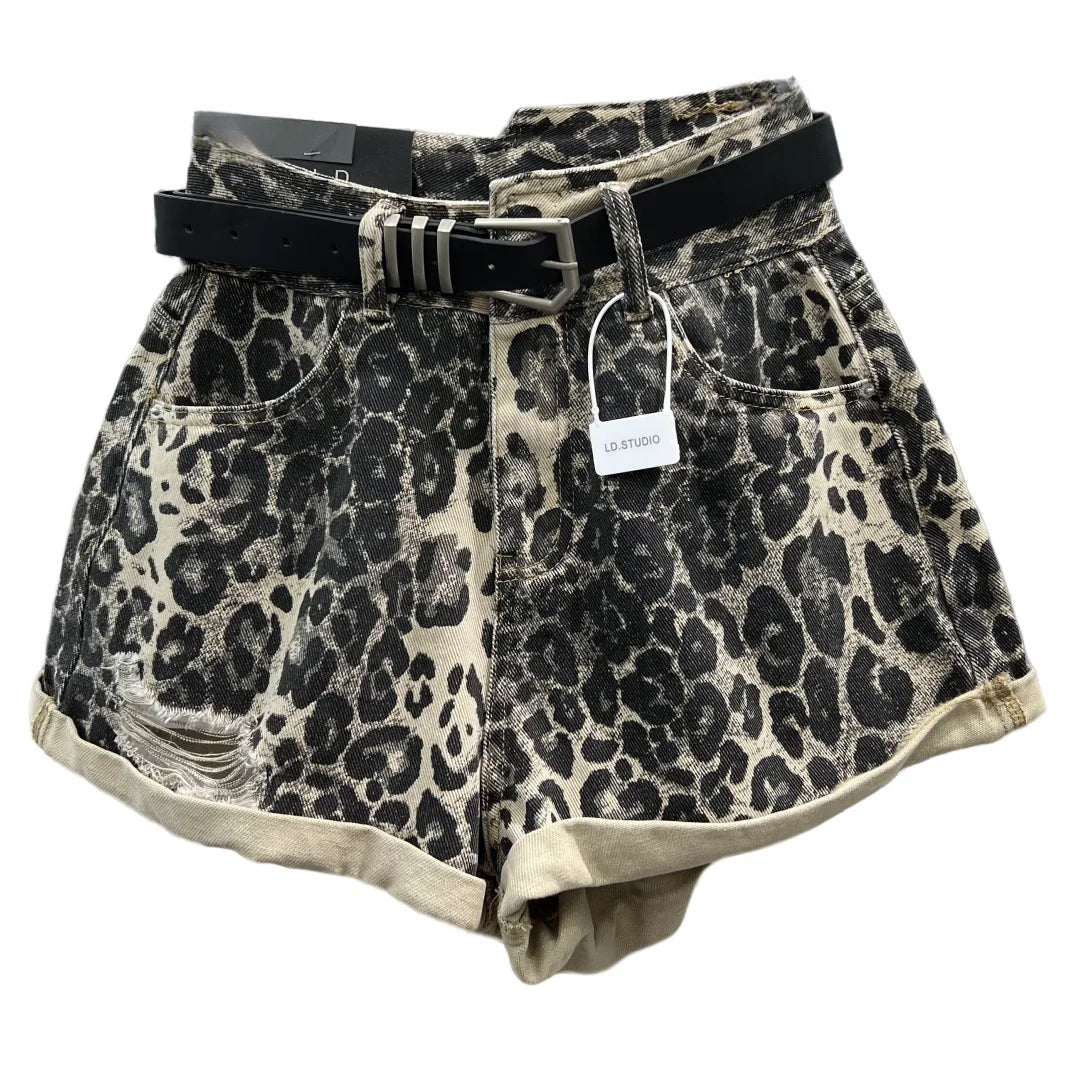 Sexy Design Asymmetric Style Leopard Print Denim Shorts