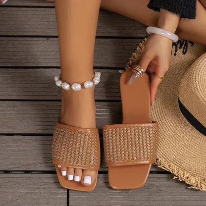 New Square Toe Flat Women Beach Slippers