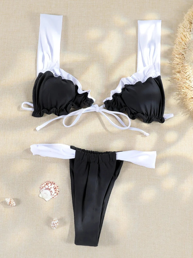 Black White Push Up Halter Bikini Set