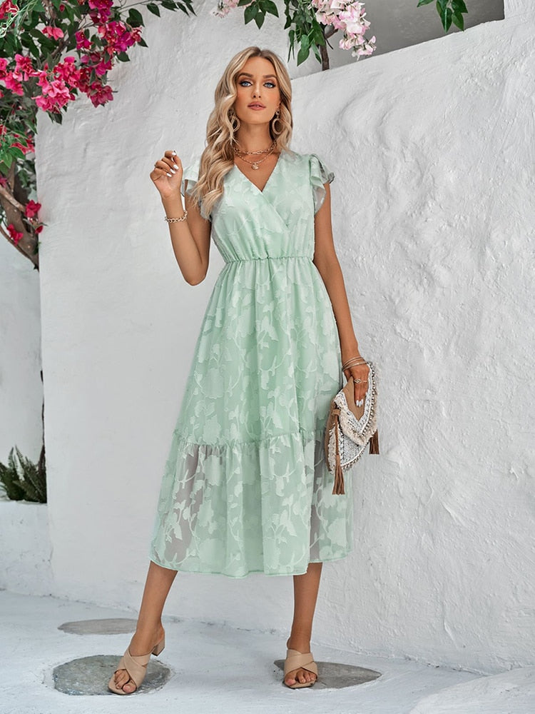 Floral Ruffle Maxi Dress with V-Neckline for Women
