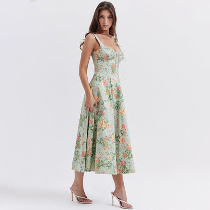 Green Floral Print Slit Midi Dress with Padded Cups