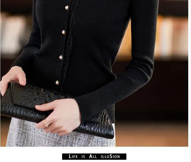 Elegant Lace Line Black Slim Knitted Cardigan For Women