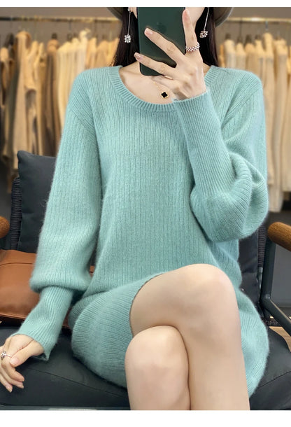 Luxury Mink Cashmere Dress: U-Neck, Long Sleeve, Solid Color for Autumn/Winter