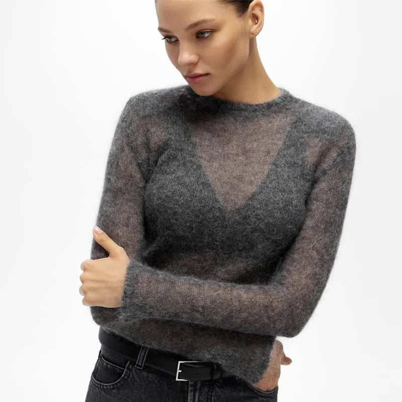 Autumn Style O-Neck Cropped Transparent Sweaters