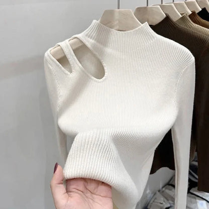 Casual Hollow Out Shoulder Turtleneck Sweaters