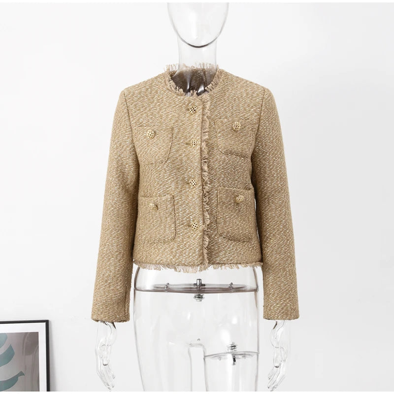 Camel Tweed Long Sleeve Button Cropped Jacket For Women